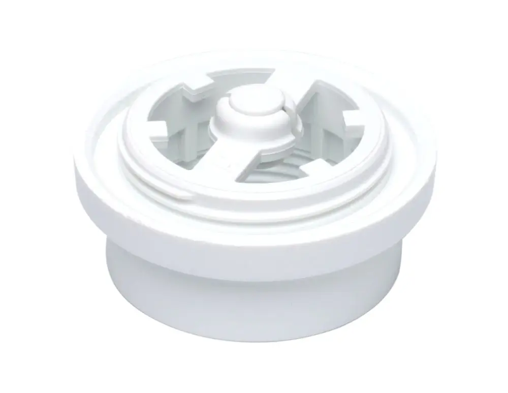 Weißer Adapter mit runder Form und zentraler Drehmechanik, geeignet für Danfoss-Produkte. Der Adapter weist eine Öffnung und eine Sicherungsstruktur auf.
